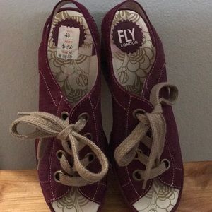 London Fly purple people eater open toe wedges